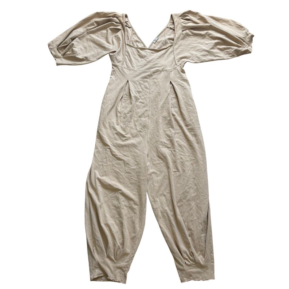 Free People Lotta Love Beige Romper Jumpsuit Balloon Sleeves Wide Leg Small READ